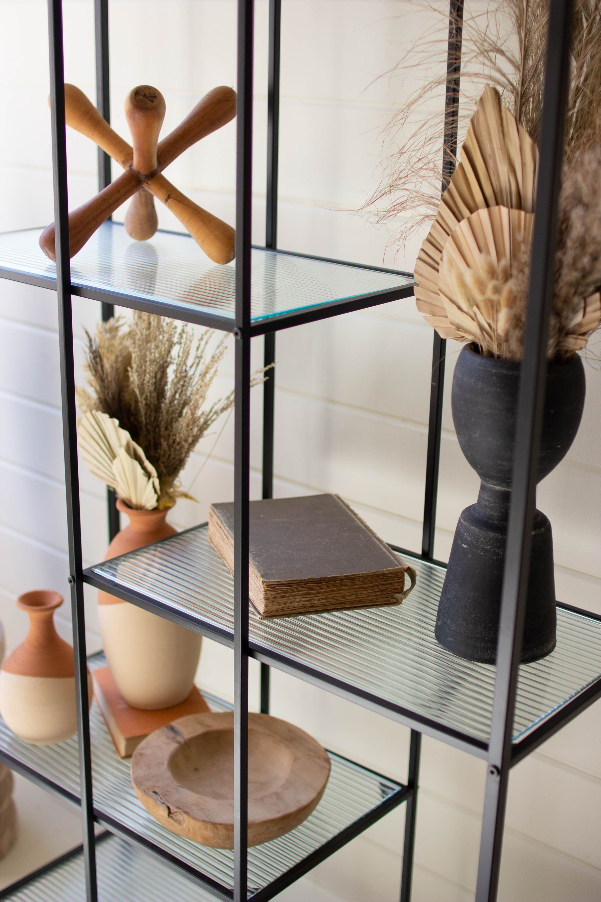 Antique Black Metal Display Unit With Fluted Glass Shelves Storage